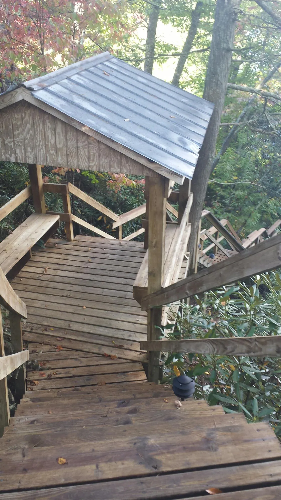 Metal roofed shelter over wooden steps on a wooded walkway — Skylight Repair & Installation work by our crew in Ramsay